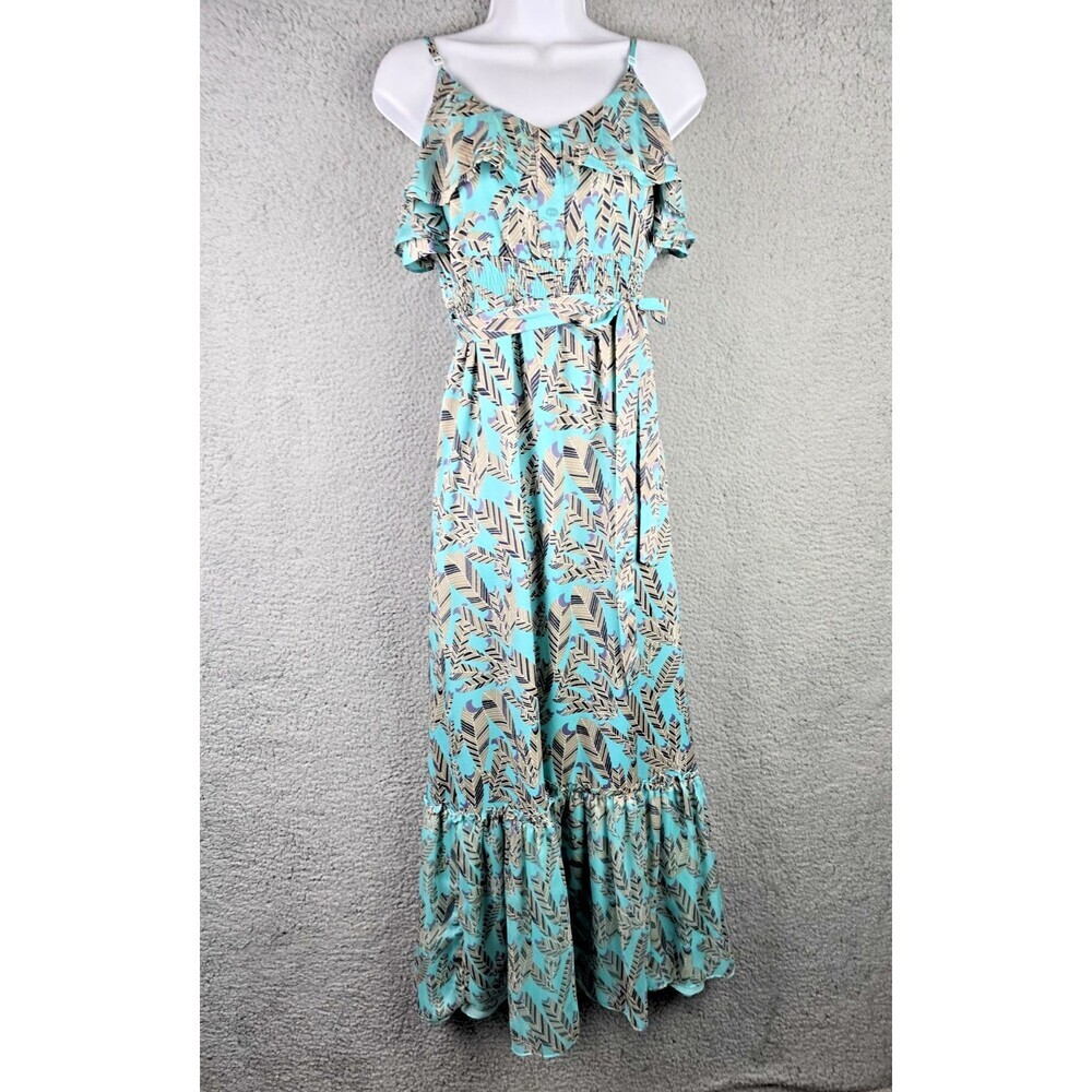 MM Couture Maxi Dress Large Jade Green Feather Ruffle Smocked Waist Boho Trendy - Picture 10 of 13